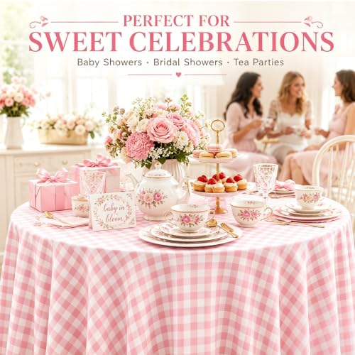 Image of WNINK 2 Pack Pink Gingham Round Tablecloth, 84 Inch Disposable Plastic Table Covers, Pink Checkered Round Table Cover for Birthday Parties, Holiday, Picnic, BBQ, Family Gathering Party Supplies