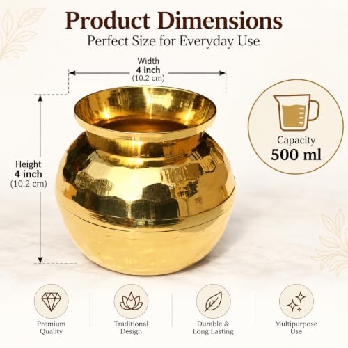 Image of Pure Source India Pure Brass Diamond Cut Lota Kalash for Diwali Puja Home Temple, 500ml (4 inch)