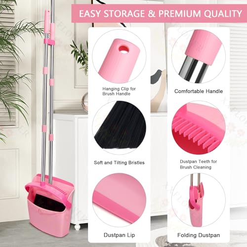 Image of Broom and Dustpan Set, Dustpans with Broom Combo for Home, Heavy Dust Broom and Dustpan Combo, Long Handle Dust Pan and Broom Set for Kitchen, Office, Pet Hair,Pink, Pack of 1
