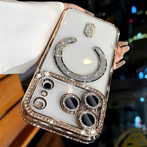 Image of for iPhone 17 Pro Max Magnetic Glitter Case,Luxury Bling Rhinestone Diamond Plated Bumper Case Sparkle Camera Lens Protection Clear Cover for iPhone 17 Pro Max (Gold)