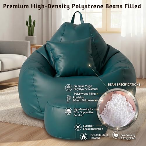 Image of KAM'S LIEU 6XL Jumbo Premium Bean Bag Chair with Footrest & Cushion | Filled with High Density EPS Beans | Comfortable Sofa for Living Room & Bedroom | 6 Months Warranty, Color- (Teal, 6XL, Premium)