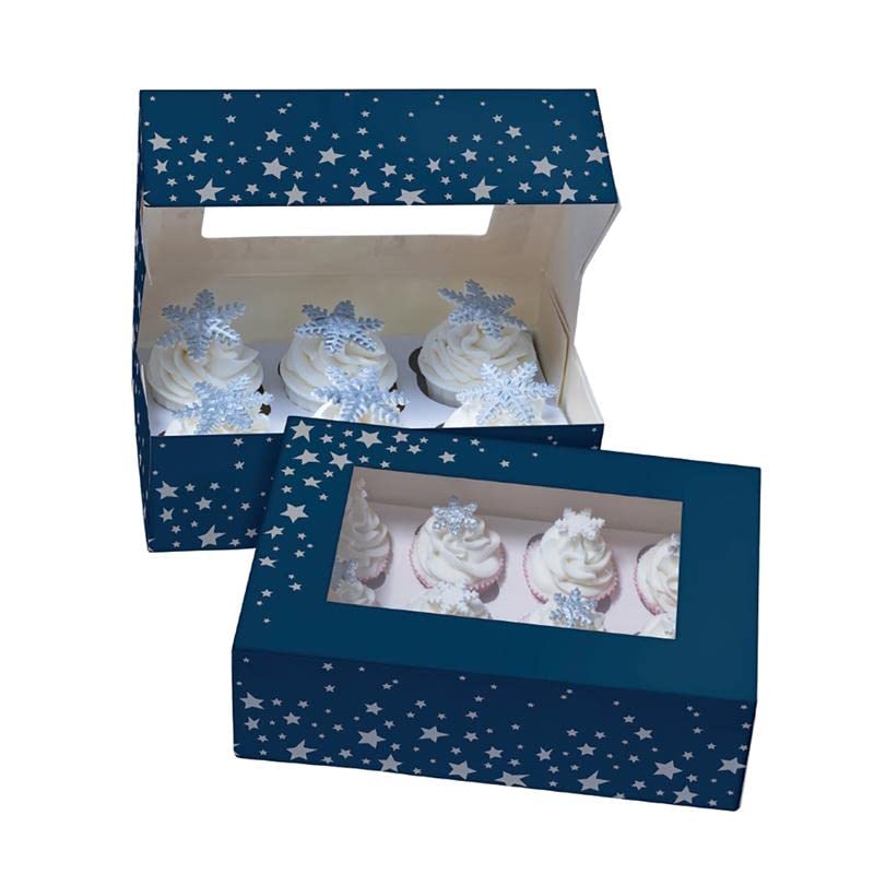 Baked with LoveStarry Night Cupcake Boxes, Twin Pack, To Carry Tasty Festive Treats, Dual Insert for 6 Standard or 12 Mini Cupcakes or Muffins, Silver Star, Pack of 2 Christmas Boxes