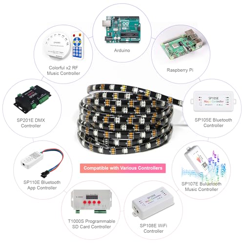 Image of WS2812B IC RGB 5050SMD Individually Addressable LED Strip Light 150LEDs 16.4FT 30LEDs /M Flexible Black FPCB Light, Full Color LED IP65 DC5V (Power Supply&Controller Not Included)