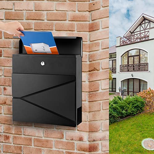 Image of Wall-Mount Mailbox for House Outside, Security Key Drop Box with Lock and Keys, Steel Metal Mail Box with Newspaper Compartment, 14.57 x 14.57 x 4.33 Inch, Black, MD021 X-Large