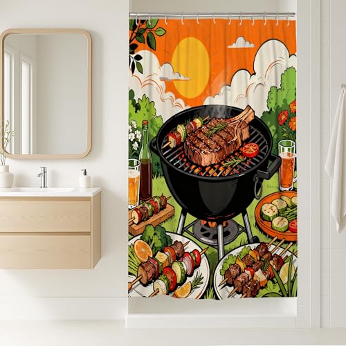 Duschvorhang für Grillstall, Outdoor, Sommer, Steak, Gemüse, Sommer, Orange, Polyester, wasserdicht, Klauenfußwanne, Duschvorhänge für Zuhause, Badezimmer, Toilette, Hotel, Dekoration, 91,4 x 183,9 cm