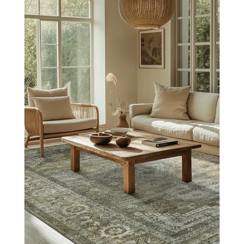 Washable Rugs 8×10 Area Rugs for Living Room Bedroom, 8×10 Area Rugs Neutral Rug, Soft Vintage Print Sage Green Carpet, Low Pile Mat with Non Slip Backing