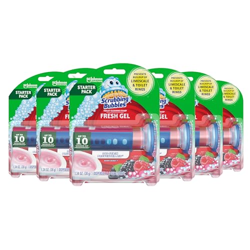 Image of Scrubbing Bubbles Fresh Gel Toilet Bowl Cleaning Stamps, Automatic & Continuous Bathroom Toilet Cleaner Helps Prevent Limescale, Rings & Build-Up, Berry Burst, 1 Dispenser, 6 Stamps (6 Pack)