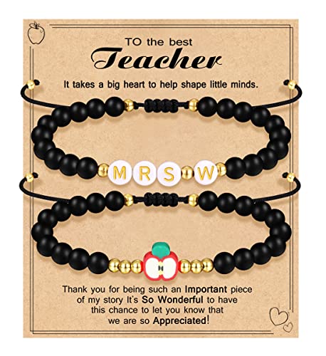 Teacher Appreciation Bracelet Gifts for Women Initial Beaded Bracelets Back to School Thank You Teacher Gifts 2pcs Link Bracelet New Teacher Graduation Gift Birthday Retirement Teachers' Day Jewelry