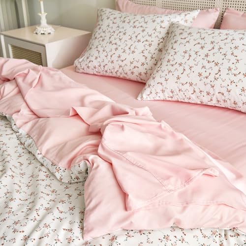 Image of Wake In Cloud - Queen Size Comforter Set, 3-Piece, Floral Shabby Chic Coquette Cottagecore Flower Light Pink Blush, Soft Lightweight Bedding for Women Girls