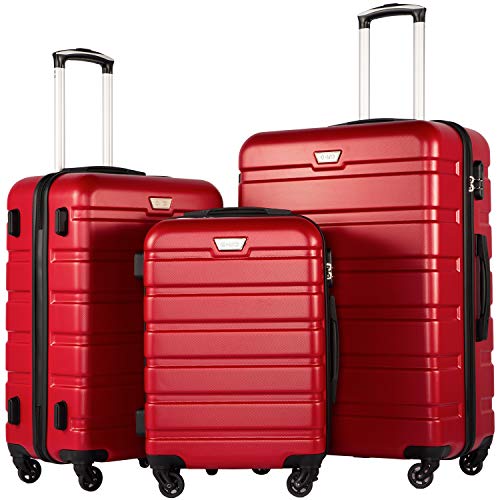 Coolife Luggage 3 Piece Set Lightweight Durable Hardshell Suitcase set with 360 Spinner Wheels TSA-approved Lock Checked Family Travel Luggage sets 20/24/28 Inch Red