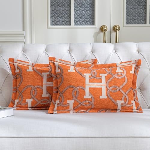 TOPWEAVE Modern Letter H Throw Pillow Covers 13x20 Inches 1-Piece Chain Pattern Jacquard Lumbar Pillow Cover Luxury Chic Decor Soft Chenille Pillowcase for Couch Sofa Living Room Chair(Orange)