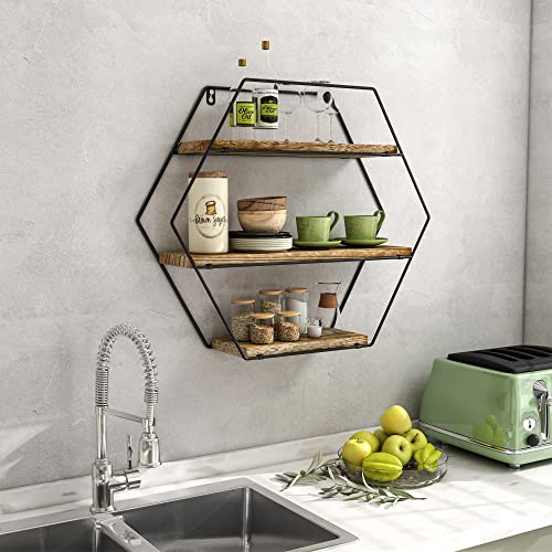 Tfer Floating Shelves Wall Mounted Hanging Shelf Hexagon Rustic Farmhouse Shelves For Wall Decor,Storage | Metal Bracket And Reclaimed Natural Wood Shelf For Living Room,Bedroom,Bathroom,Kitchen #TOP4