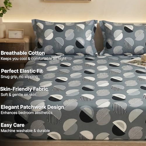 Image of VAS COLLECTIONS King Size Cotton Fitted Bedsheet (78 x 72 + 14 Inches) with Deep Pocket | 220 TC Soft Breathable Wrinkle Free Elastic Bed Sheet for King Mattress | (Gray)