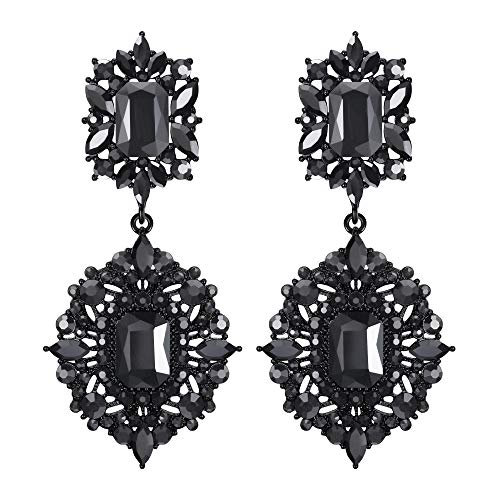 EVER FAITH Boucles d'Oreilles Pendant Femme Cristal Carré Double Pendentif Feuille Strass Cadeau Noir Clair