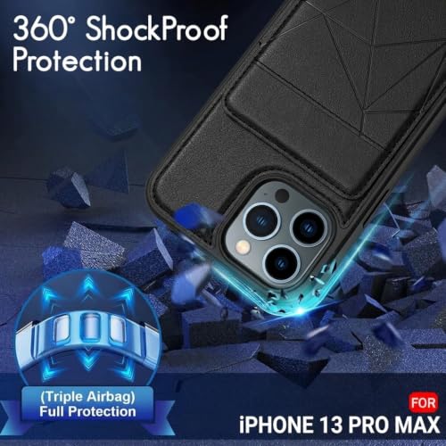Image of amazon basics Premium Vegan Leather Back Cover with Card Holder and Integrated Mobile Stand for iPhone 13 Pro Max - Slim Shockproof Wallet Case with Geometric Stitching [Black]