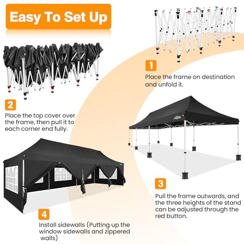 Image of COBIZI 10x30 Pop up Canopy with Roller Bag & 8 Removable Sidewalls, Canopy Tent for Parties, Wedding, and Commercials, Waterproof and Instant Shelter UV50+ Outdoor Gazebo with 4 Sandbags(Pure Black)
