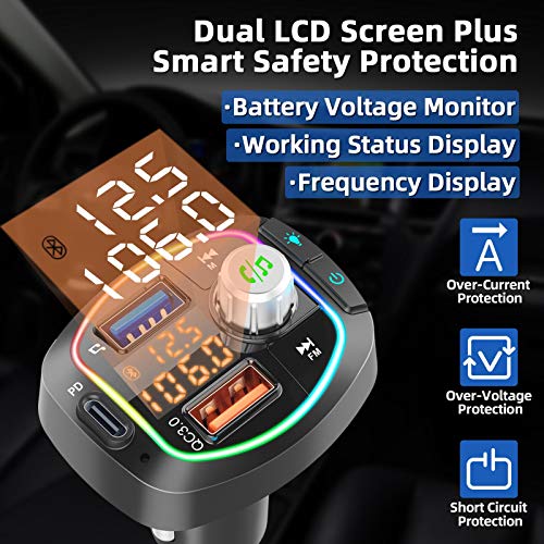Bluetooth FM Transmitter for Car BT 5.0 Wireless Stereo Audio Adapter Hands-Free Call Kit Radio Music Player Receiver 36W PD & QC3.0 Smart Charge Type-C USB TF Compatible LCD Dual Display RGB Light