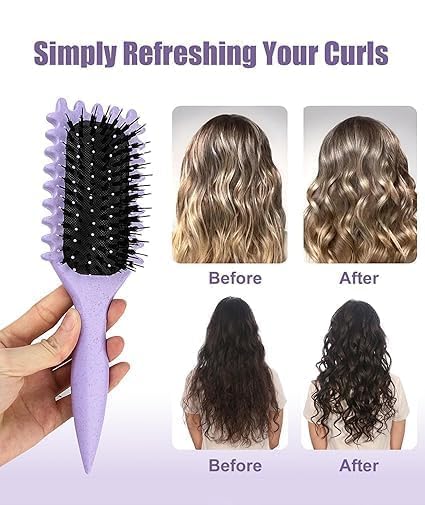 Image of Combelle 5-in-1 Curl Hair Brush | Vegan Boar Bristles | Bio-Based PLA Handle | Detangling, Defining & Frizz Control for Curly & Wavy Hair | For Men & Women - Purple (Pack of 2)