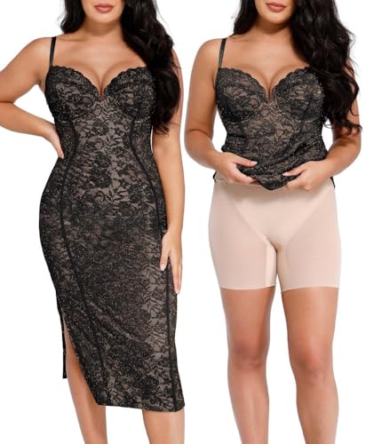 Popilush Lace Corset Dress with Built in Shapewear Formal Cocktail Dresses for Women Deep V Neck Side Slit Bodycon Midi Dress Black