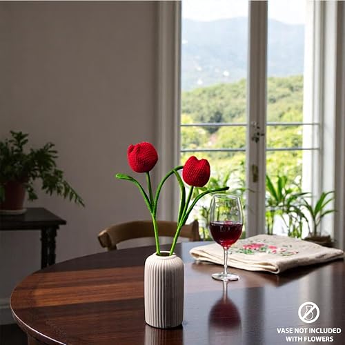 Image of Tulip Crochet Flowers | Handcrafted Artificial Faux Woolen Flower with Long Stem | Natural Looking Knitted Flower for Home, Living Room, Vase & Bouquet Decoration & Gifting | Red- 2 Pcs