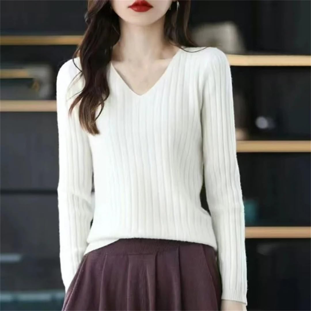 Jesienny sweter z dekoltem w serek damski solidny obcisły wszechstronny sweter dzianinowy top