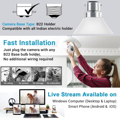 Image of IFITech 1080p (2MP) HD Smart Wi-Fi CCTV Home Security Camera | Indoor 360 Smart CCTV Camera | Bulb Camera | 256GB SD Card Support (Not Included) | Perfect for Home, Office Monitoring [2025 Model]