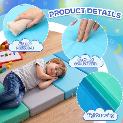 Image of Wesiti 1 Pcs Nap Mats for Preschool 2 Inch Thick 47x24 Folding Rest Mat 4 Section, Sleeping Pad for Kids Children Daycare Nap School Classroom Kindergarten Daycare Travel Home in Green Blue