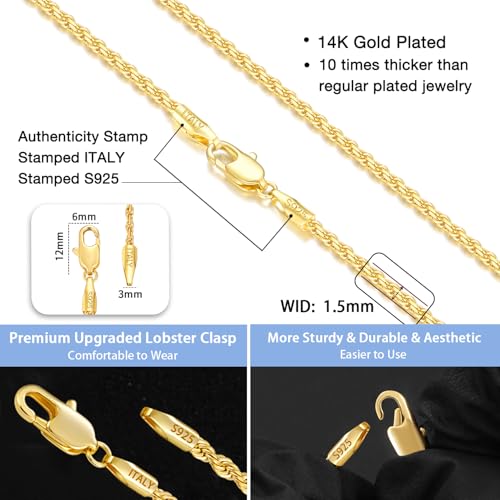 Jewlpire 14K Gold Plated 925 Sterling Silver Chain Necklace for Women Men, 1.5mm Rope Chain Dainty & Sturdy Women's Chain Necklaces 16 18 20 22 24 26 Inch4