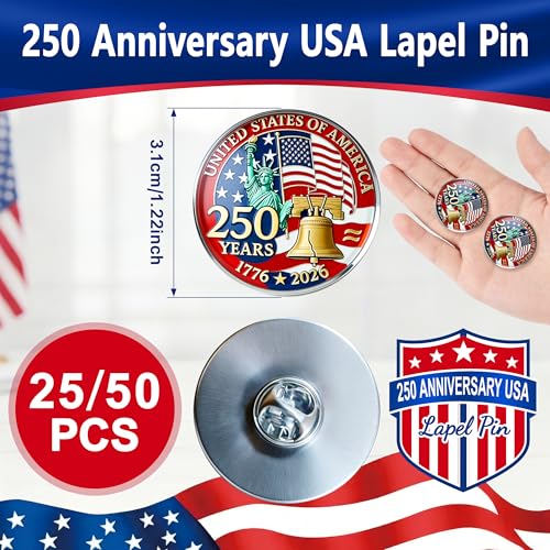 25 Pcs 250th Anniversary USA Lapel Pin – 1.2-Inch Resin-Coated US Patriot Collectible Accessories, Bulk 250th Merchandise Pins for Independence Day, 4th of July, Veterans Day – Souvenir Gifts by CLYAIDET - Used condition - Image 2