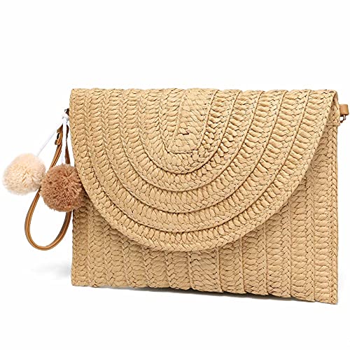 YIKOEE Straw Purse for Women Summer Beach Woven Bag With PomPom - Image 3
