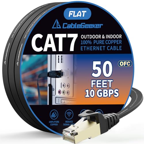Chat 7 Câble Ethernet blindé 50ft Noir, Compatible avec Cat5e/Cat6 Réseau, Cat7 Câbles à patch plat, Cord Internet haute vitesse pour modem, routeur, LAN, Ordinateurs, y compris les clips et les pinces