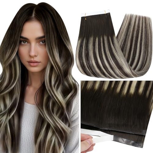 Image of Full Shine Genius Weft Hair Extensions, Dark Brown Ash Blonde 22 Inch | 50g 1 Piece, Seamless Invisible Tape in Weft Extensions, Natural Blend Lightweight Wear for Wedding and Daily Styling