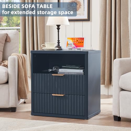 LEYAOYAO Fluted Nightstand with Charging Station, 23" Wide 2 Drawers End Table, Blue Night Stand with Open Storage Cabinet, Farmhouse Bed Side Tables, Wood Dresser for Bedroom, Living Room, Closet