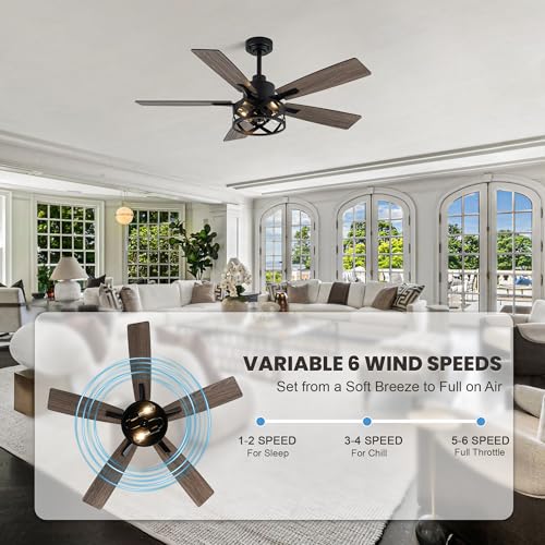 Image of Dawn Whisper 52 Inch Farmhouse Ceiling Fans with Lights and Remote Quiet and Reversible DC Motor Black Industrial Rustic Caged Ceiling Fan for Bedroom Living Room Covered Patio