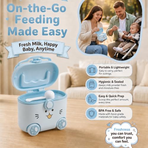 Image of Uonibaby by StarAndDaisy formula milk container for baby milk powder container with scoop , portable Formula Dispense, Airtight First Feed Baby food Storage container / Box for travel 200 grams-Kitty Blue