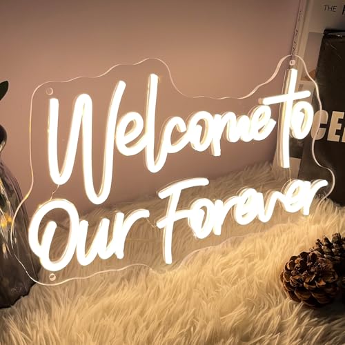 Image of Welcome To Our Forever Neon Sign for Wall Decor Wedding Light Up Neon Sign Indoor Bedroom Home Decor LED Neon Signs Large Backdrop Flex Christmas Living Room Girls Boys Gift,USB Warm White 40x23.8 CM