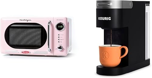 Nostalgia Horno de microondas compacto retro para encimera, 0.7 pies cúbicos, 700 vatios y cafetera Keurig K, delgada, de una sola porción,