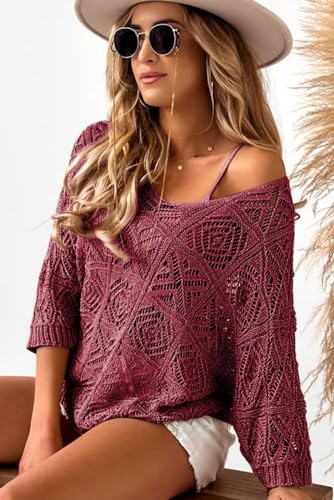 Dokotoo Womens Fashion Ladies Spring Summer Scoop Neck 3/4 Short Sleeve Crochet Top 2025 Pullover Sweaters Work Business Loose Shirts Beach Cover Ups for Women Burgundy XX-Large - Image 2