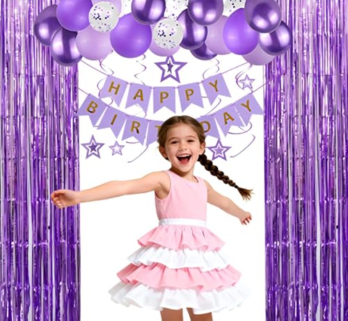 Image of Purple Happy Birthday Decorations Kit, Purple Confetti Balloons Birthday Party Supplies for Women Girls Boys, Happy Birthday Banner, Hanging Star Cutouts, Fringe Curtains, Cupcake Toppers, Crown
