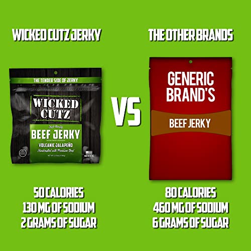 Image of Wicked Cutz Volcanic Jalapeno Spicy Beef Jerky, 27g Protein Per Serving, Tender & Easy to Chew Alternative to Beef Sticks, USA Made High Protein Carnivore Snacks (2 Bags)