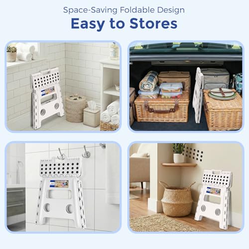 Image of ACKO Folding Step Stool 13 Inch, Sturdy Collapsible Step Stool Foldable Up to 300 lbs for Adults & Kids, Non Slip Lightweight Foot Stools with Handle, Ideal for Kitchen, Bathroom, Bedroom, Garden