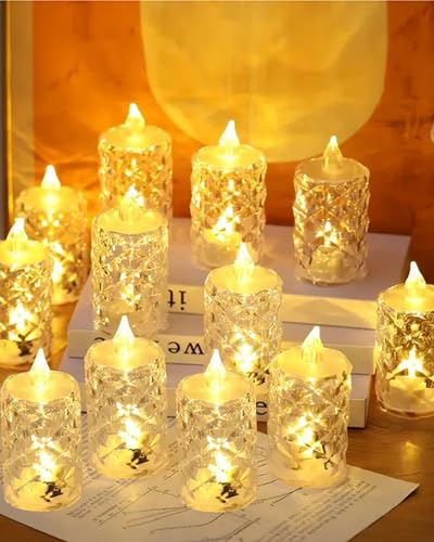 Image of Homesake Flameless Crystal Candle, Diamond-Shape Candle, 12 Pieces Tea Lights, Warm White, for Weddings, Tables, Diwali for Home, Christmas Festive Decor, Led Candles for Decoration(1.5 inch 3.1 inch)