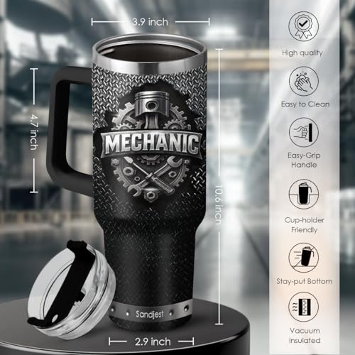 Image of SANDJEST Mechanic Gift for Men, 40oz Stainless Steel Insulated Coffee Tumbler With Lid & Straw, Travel Mug Gift for Dad Husband, Christmas Birthday Father's Day