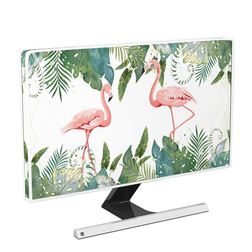 Image of Tropical Flamingo Waterproof Screen TV Cover 37,38,39 Inch Palm Leaves Weatherproof Dust-Proof Anti-Scratch Protective Television Cover for Desktop and Home Hanging TV,Green and Pink