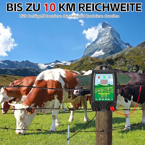 Warmfay Weidezaungerät 12V mit LED Anzeige, Elektrischer Schäferhund 2J Output für 10 km Reichweite, Wasserdicht Elektrozaungerät für Schutz von Nutztieren, Haustieren, Geflügel, Hausweide, Gärten