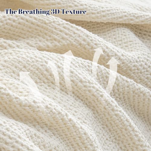 Image of PHF Stone Washed 100% Cotton Waffle Blanket, Vintage Deep Honeycomb Texture, Breathable Thermal Blanket for Bed & Home Decor, All Season Layering - King, Undyed /Raw