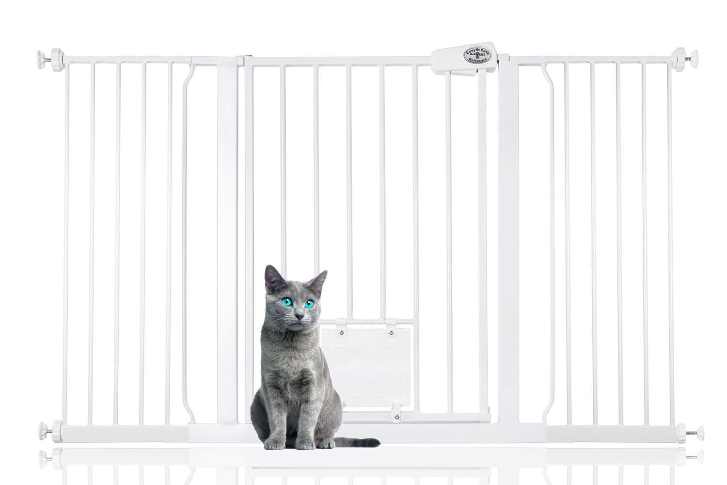 Bettacare Pet Gate with Lockable Cat Flap, 139.8cm - 147.4cm, White, 75cm in Height, Dog Safety Barrier with Cat Flap, Easy Installation