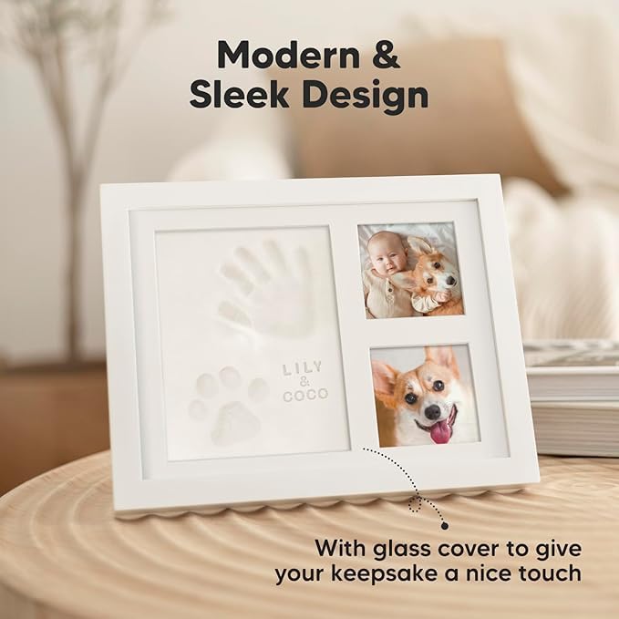 Image of AbhiKalpya Art Studio Baby Handprint & Footprint Keepsake Kit with Frame | Soft Clay Newborn Memory Gift White Set of (1) (Baby Keepsake)