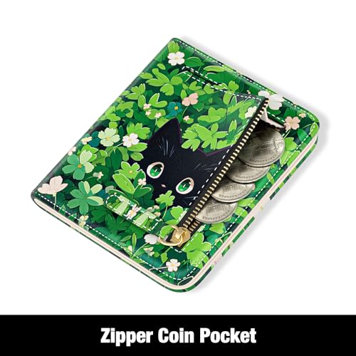 Rouidr Womens Wallet, RFID Small Slim Wallet for Women, Cute Bifold Leather Pocket Credit Card Holder Ladies Mini Purse with Zipper Coin Pocket & ID Window, Green Leaf Cat4