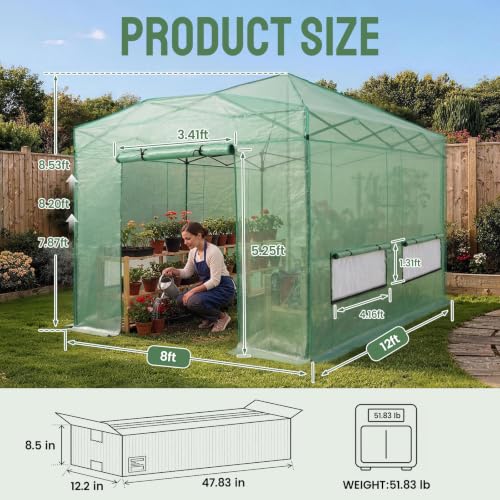 Image of CROWN SHADES 12X8 Pop Up Outdoor Walk-in Portable Greenhouse,Green